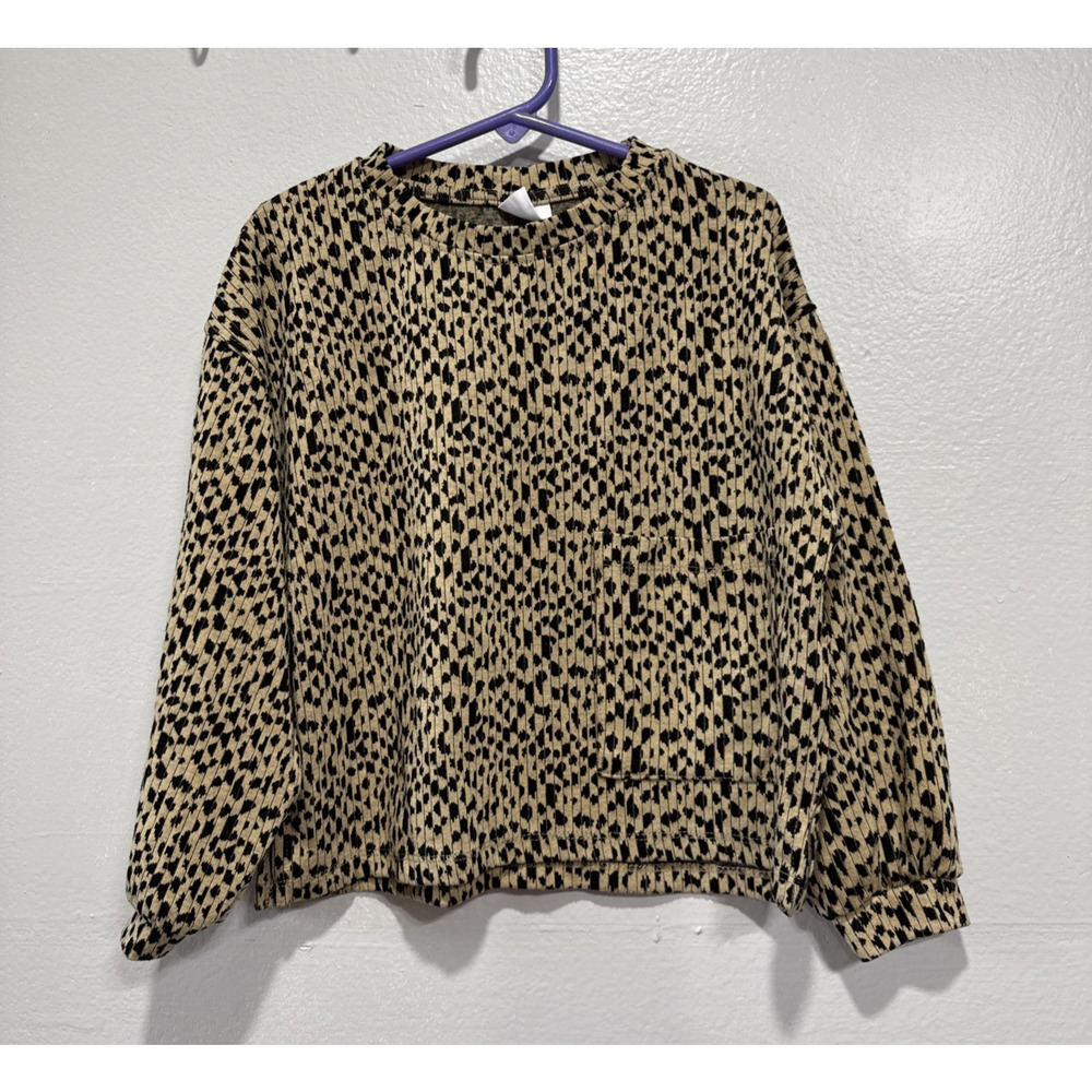 Zara Girls Top Long Sleeve Animal Print Boxi Fit Brown Black Knit Pocket Size 7